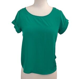 TRAMP shirt top in green with short folded sleeves in women’s size Small